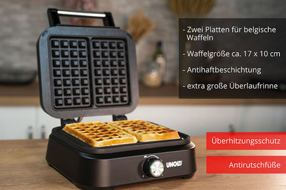 Das Waffeleisen „BELGISCHES WAFFELEISEN Brüssel“ von Unold steht offen auf der Küchentheke, enthält zwei quadratische belgische Waffeln und glänzt mit Features wie einer Antihaftbeschichtung, einer extragroßen Auffangschale, einem Überhitzungsschutz und rutschfesten Füßen.