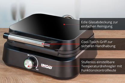 Der Unold BELGISCHES WAFFELEISEN Brüssel ist ein schwarzer Elektrogrill mit Glasdeckel, einer leicht zu reinigenden Abdeckung, einem Cool-Touch-Griff für eine sichere Verwendung und einem einstellbaren Temperaturregler mit Kontrollleuchte.