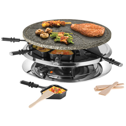 Das Unold Raclette Multi 4 in 1 verfügt über eine runde Steinplatte zum Grillen von Steaks, Spießen, Pilzen und Gemüse. Kleine Pfännchen darunter schmelzen Käse und Gemüse, und neben dem Grill befinden sich Spatel.
