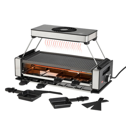 Der Unold Raclette Smokeless ist ein elektrischer Tischgrill mit Antihaftbeschichtung, vier Käsepfännchen, Spachteln und Schabern. Mit sichtbarem Heizelement und Ventilator. Eingesteckt und sofort einsatzbereit.