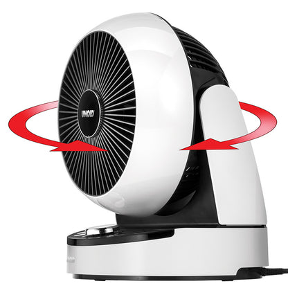 Der Unold TISCHVENTILATOR 3D B-Ware ist ein moderner, weiß-schwarzer Elektroventilator mit einem runden Gitter, dessen seitliche Rotation durch rote Pfeile veranschaulicht wird, die seine Schwingungsbewegung veranschaulichen.