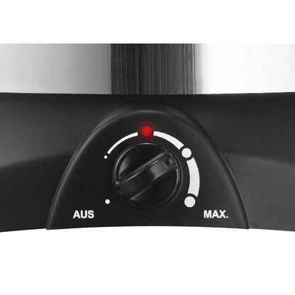 Eine Nahaufnahme des schwarzen Temperaturreglers mit roter Kontrollleuchte des Unold Crêpesmaker Profi, links mit AUS und rechts mit MAX. beschriftet, zeigt die einstellbaren Hitzestufen an.