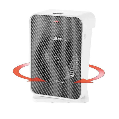 Die Unold HEIZLÜFTER BOX IP 21 ist ein weißer, tragbarer Heizlüfter mit einem Metallgitter an der Vorderseite und roten Pfeilen an der Unterseite zur Anzeige der Oszillation.