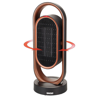 Der Unold KERAMIK-HEIZLÜFTER 3D ist ein schwarz-bronzefarbener Elektroheizer mit modernem ovalem Design auf rundem Sockel. Rote Pfeile zeigen die seitliche Schwingung an, und der Markenname Unold ist auf dem Sockel zu sehen.
