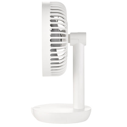 Seitenansicht des Unold TISCHVENTILATOR BREEZY, einem modernen, kompakten weißen Tischventilator mit rundem Schutzgitter, stabilem Standfuß und minimalistischem Kunststoffdesign.