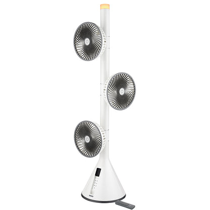 Der Unold STANDVENTILATOR 360° ist ein hoher, moderner weißer Turmventilator mit drei verstellbaren, runden Ventilatorköpfen, die vertikal auf einer schlanken Stange gestapelt sind und an der Basis ein digitales Bedienfeld haben.