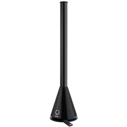 Der Unold TURMVENTILATOR BLACK TOWER ist ein eleganter, schwarzer Turmventilator ohne Flügel, der über eine konische Basis, vertikale Lüftungsschlitze an der hohen zylindrischen Säule, Bedientasten an der Basis und eine kompakte Fernbedienung verfügt.