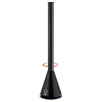 Der Unold TURMVENTILATOR BLACK TOWER ist ein eleganter, schwarzer flügelloser Ventilator mit einer zylindrischen Säule auf einem kegelförmigen Sockel und einem Einschaltknopf sowie einer LED-Anzeige an der Vorderseite.