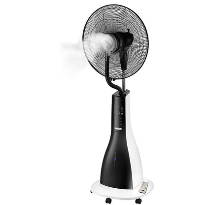 Der Unold STANDVENTILATOR NEBULA TOUCH DIGITAL ist ein schwarz-weißer Stand-Nebelventilator auf Rädern mit Bedienknöpfen an der Basis und sichtbarem Nebelausstoß an der Vorderseite.