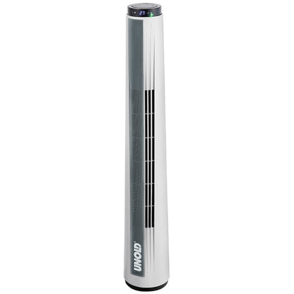 Der Unold TURMVENTILATOR SIGHT ist ein hoher, schlanker, weißer Turmventilator mit schwarzem Lüftungsteil und Digitalanzeige am oberen Ende, der aufrecht auf einem runden Sockel steht. Der Markenname Unold ist am unteren Rand zu sehen.