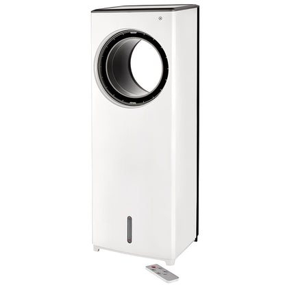Der Unold AIR COOLER FRESH ist ein großer, weißer, rechteckiger flügelloser Ventilator mit einer runden Öffnung im oberen Bereich und einer kleinen Fernbedienung an der Vorderseite.