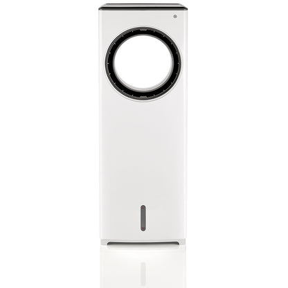 Der Unold AIR COOLER FRESH ist ein moderner, flügelloser weißer Turmventilator mit einer runden Öffnung oben und einem kleinen Anzeigefenster in der Nähe der Basis, das vor einem weißen Hintergrund abgebildet ist.