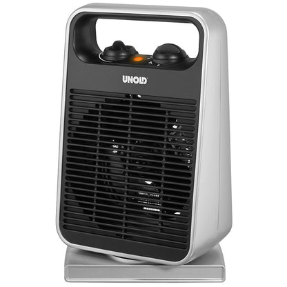 Der Unold HEIZLÜFTER ROTATE ist ein kompakter, aufrecht stehender Elektroheizer mit schwarzem Frontgrill, zwei oberen Drehreglern, einer orangefarbenen Kontrollleuchte und einem Tragegriff. Der Markenname Unold ist auf der Vorderseite angebracht.