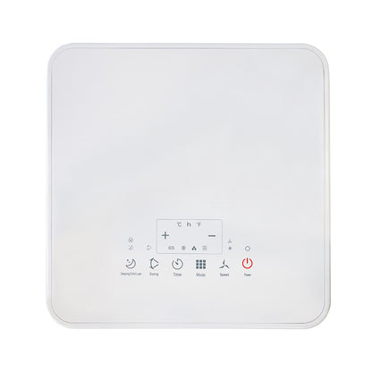 Das Unold Mobiles Klimagerät ARCTIC 7k ist ein weißes, quadratisches Gerät mit modernem, minimalistischem Design und einem Touch-Bedienfeld mit Symbolen für Strom, Einstellungen, Timer, Modus und Geschwindigkeit.