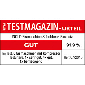 Label vom ETM Testmagazin: Unold Eismaschine Schuhbeck Exklusiv 1,5 L mit GUT (91,9 %) im Test von 6 Eismaschinen (1 sehr gut, 4 gut, 1 befriedigend), Ausgabe 07/2015.