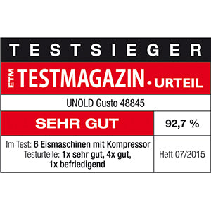 Etikett zeigt TESTSIEGER und TESTMAGAZIN URTEIL: Unold Eismaschine Gusto 2 L bewertet SEHR GUT (sehr gut) mit 92,7 %. Verglichen mit 6 Eismaschinen im Test 07/2015.