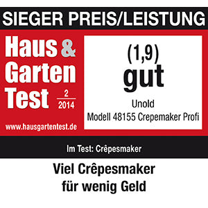 Der Unold Crêpemaker Profi wurde im Haus & Garten Test (2014) mit der Note „gut“ (1,9) bewertet und erhielt die Auszeichnung mit der Überschrift „Viel Crêpemaker für wenig Geld“.