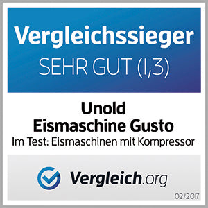 Die Auszeichnungsplakette von Vergleich.org zeigt „Vergleichssieger SEHR GUT (1,3)“ für die Unold Eismaschine Gusto 2 L im Eismaschinen mit Kompressor Test. Logo und Website-Name werden unten angezeigt.