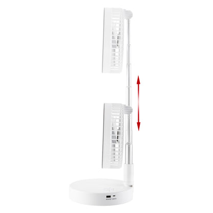Seitenansicht des Unold TELESKOP-VENTI CORDLESS, eines weißen, verstellbaren Tischventilators mit zwei Köpfen und einer Teleskopstange zur Höhenverstellung (dargestellt durch einen roten Doppelpfeil), mit Tasten und Ladeanschlüssen an der Basis.