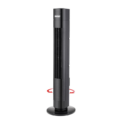 Der Unold TURMVENTILATOR TORRE ist ein hoher, schwarzer Turmventilator mit vertikalen Lüftungsschlitzen und rundem Sockel. Rote Pfeile am Sockel weisen auf die Oszillationsfunktion hin, und der Markenname Unold ist oben zu sehen.
