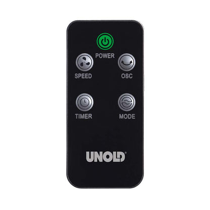 Eine schwarze Unold TURMVENTILATOR EDEL Fernbedienung mit fünf Tasten: oben ein grüner Power-Button, in der Mitte Speed und OSC, darunter Timer und Modus sowie unten das Unold-Logo.